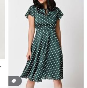 Unique Vintage Emerald Polka Dot Swing Dress L
